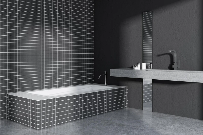 Modern dark-themed bathroom renovation showcase by Stop Leak Bathrooms